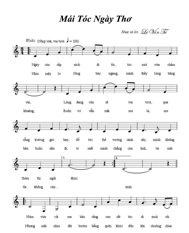 Sheet nhạc Mái Tóc Ngày Thơ